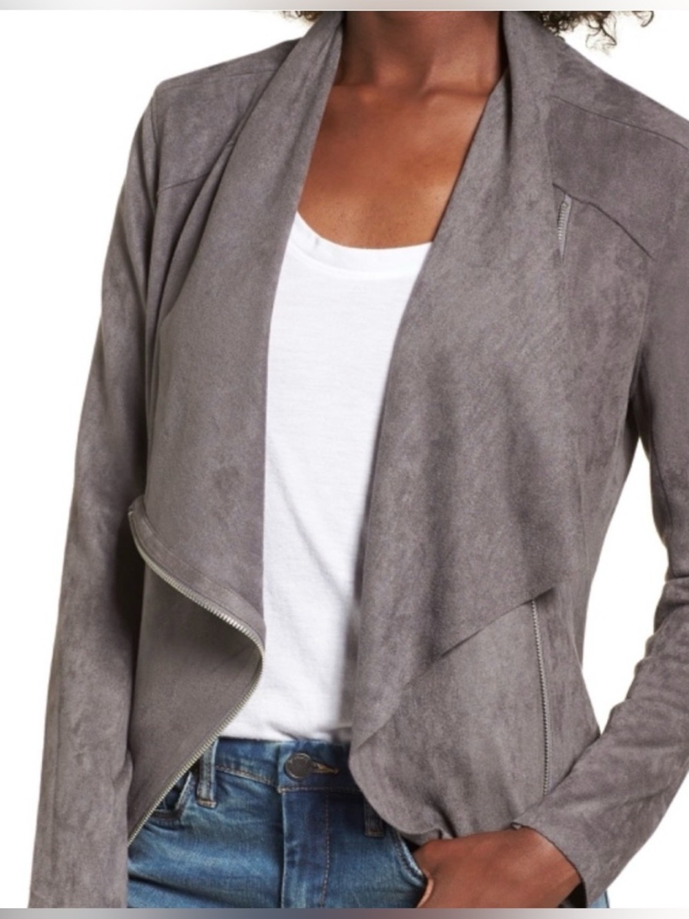 Blank NYC gray faux suede Drape Front Lightweight Fall Jacket Women’s Small